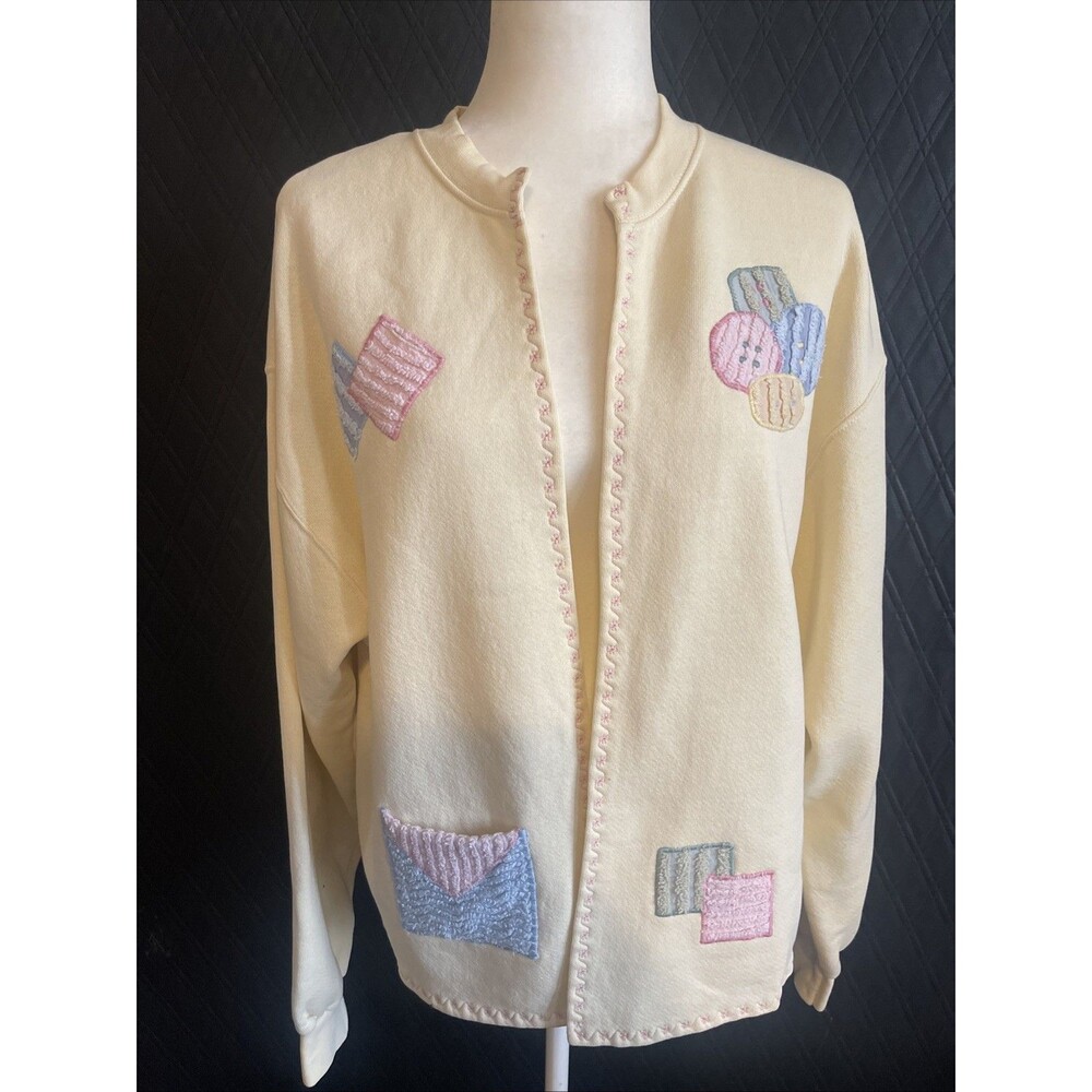 Vintage 90s Lee Open Front Sweatshirt Cardigan Pastel Quilt Appliqué Grandmacore